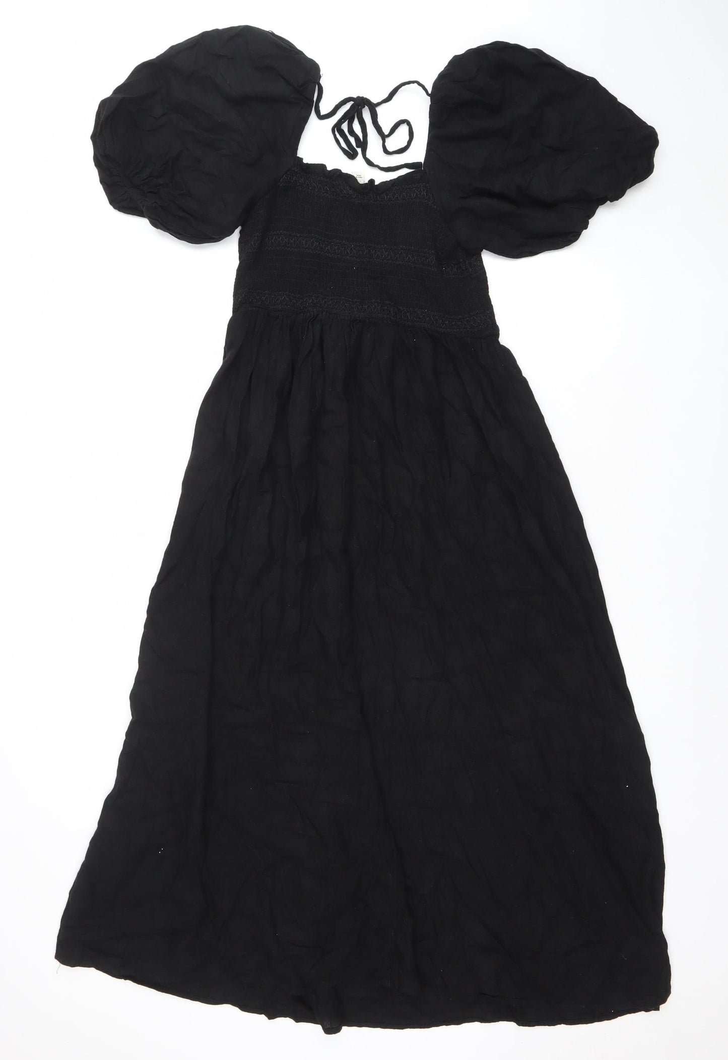 River Island Women’s Black Peasant Midi Dress Size 10 Puff Sleeve Boho Style