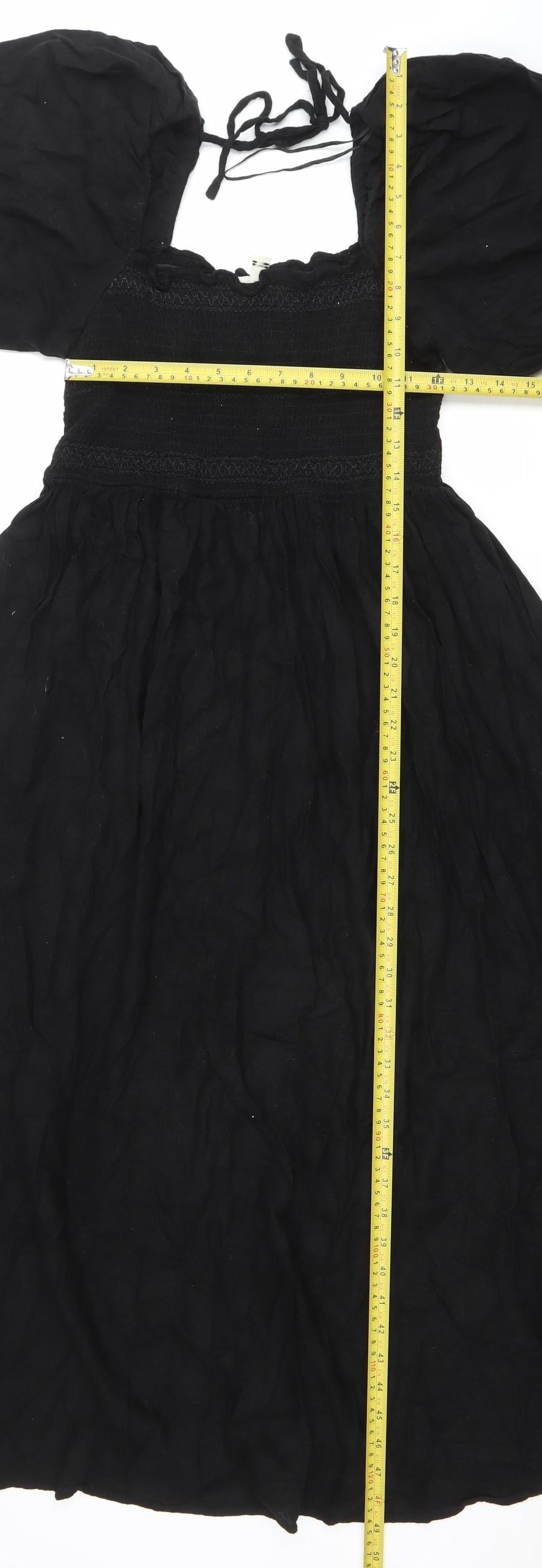 River Island Women’s Black Peasant Midi Dress Size 10 Puff Sleeve Boho Style