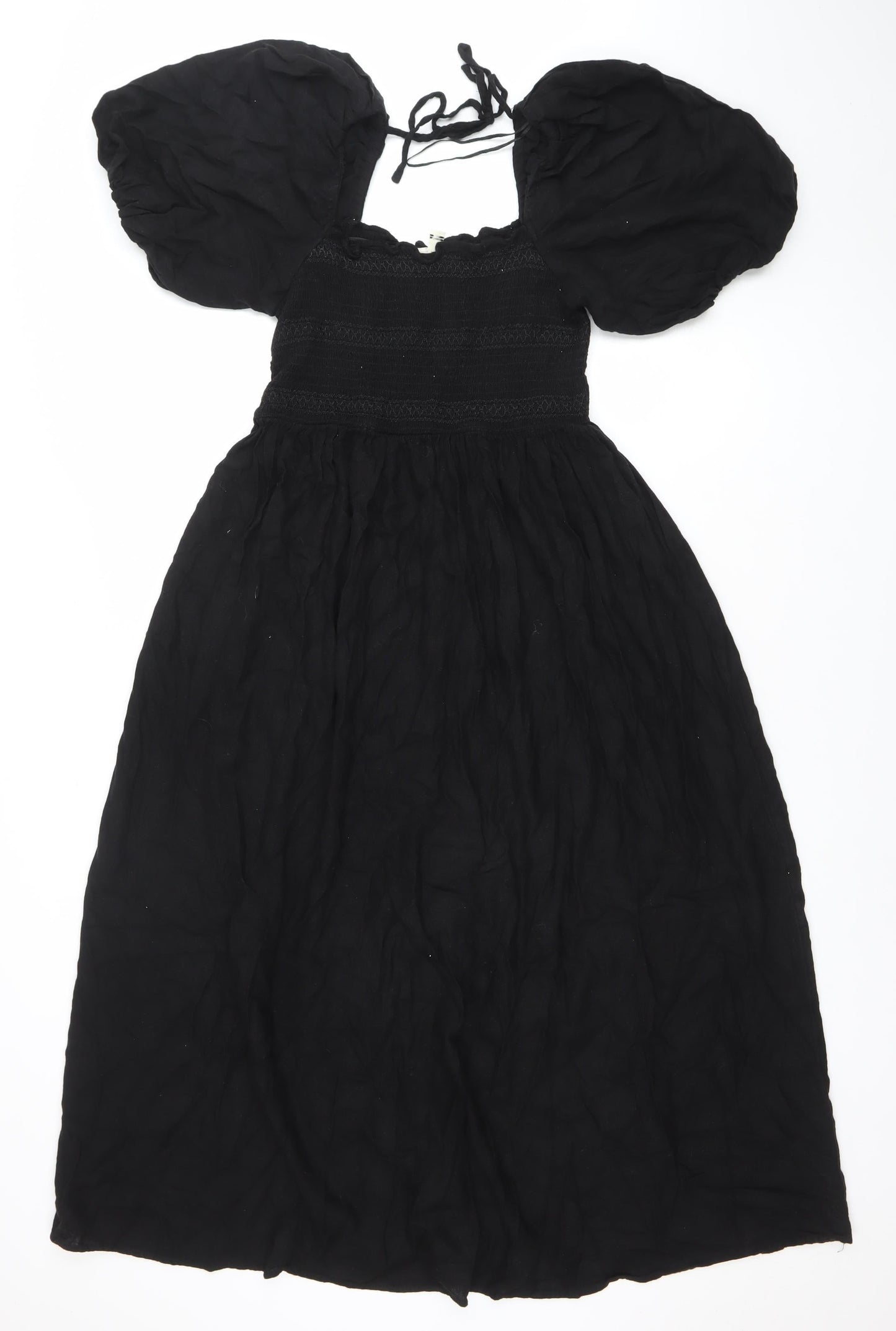 River Island Women’s Black Peasant Midi Dress Size 10 Puff Sleeve Boho Style