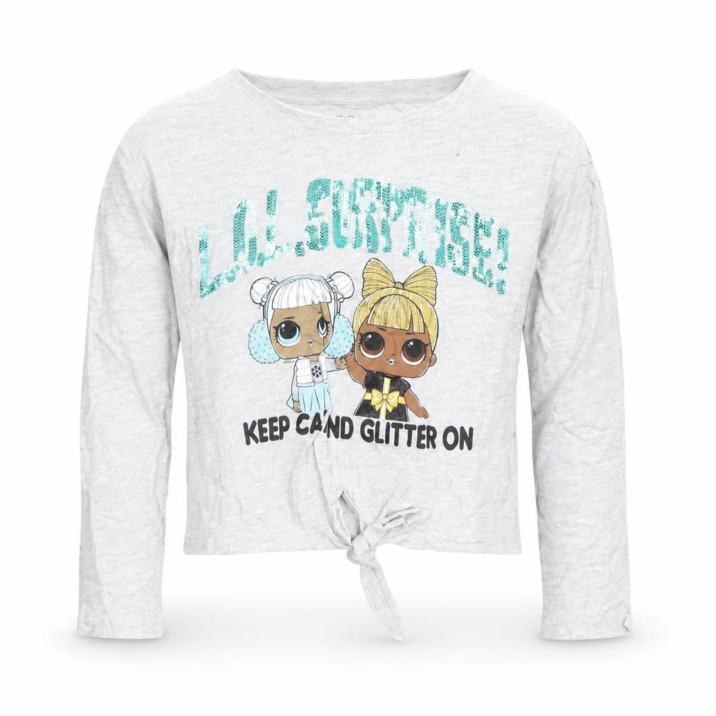 Front view of Nutmeg girls’ grey lol surprise long sleeve glitter tie front t-shirt 7-8 years