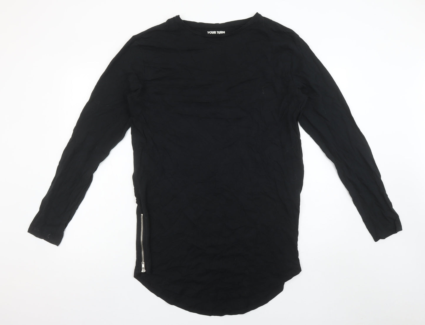 Your Turn Women's Black Long Sleeve Zip Detail Cotton T-Shirt M