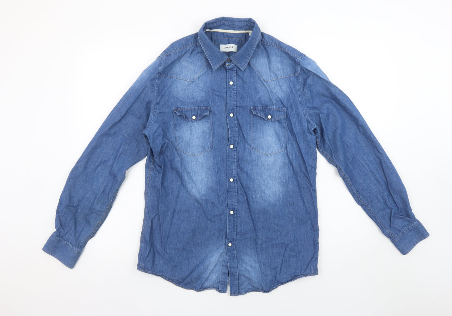 Markup Men Blue Denim Long Sleeve Western Button-Up Shirt L