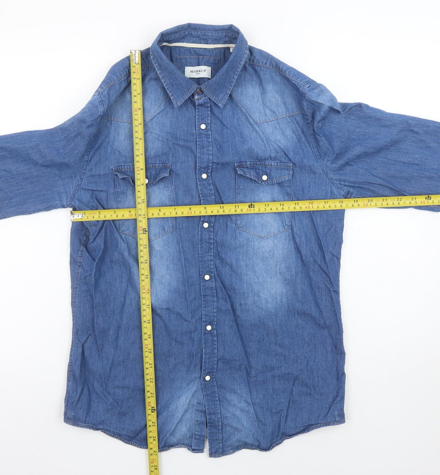 Markup Men Blue Denim Long Sleeve Western Button-Up Shirt L