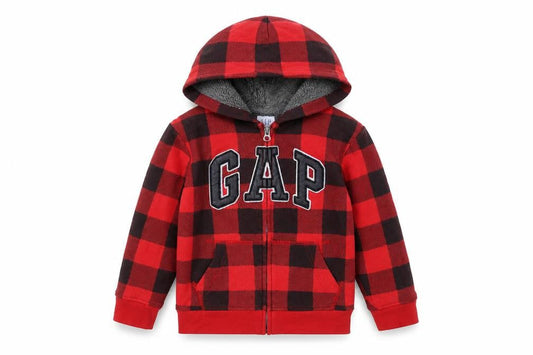 Gap Kids Boys Red Black Plaid Full Zip Hoodie Size 6-7 Years Fleece Lined