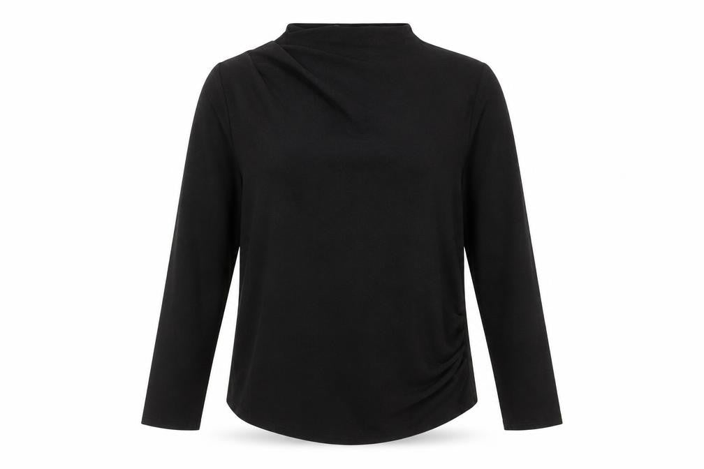 Front view of Gallery Women’s Black Long Sleeve High Neck Stretch Blouse, size L