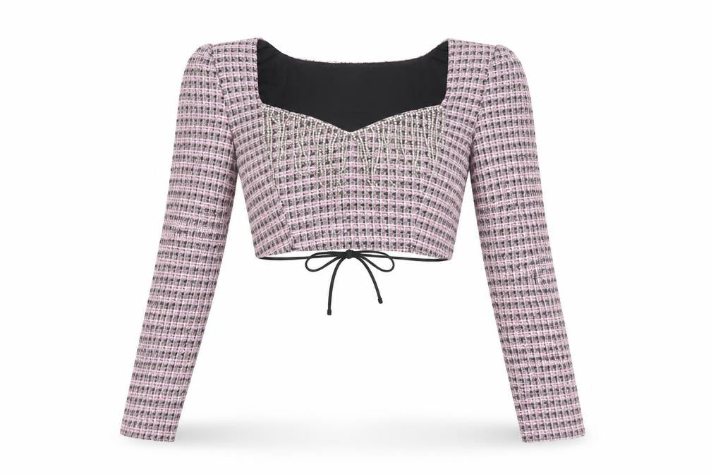 Bershka Womens Pink Check Cropped Beaded Blouse Size 8