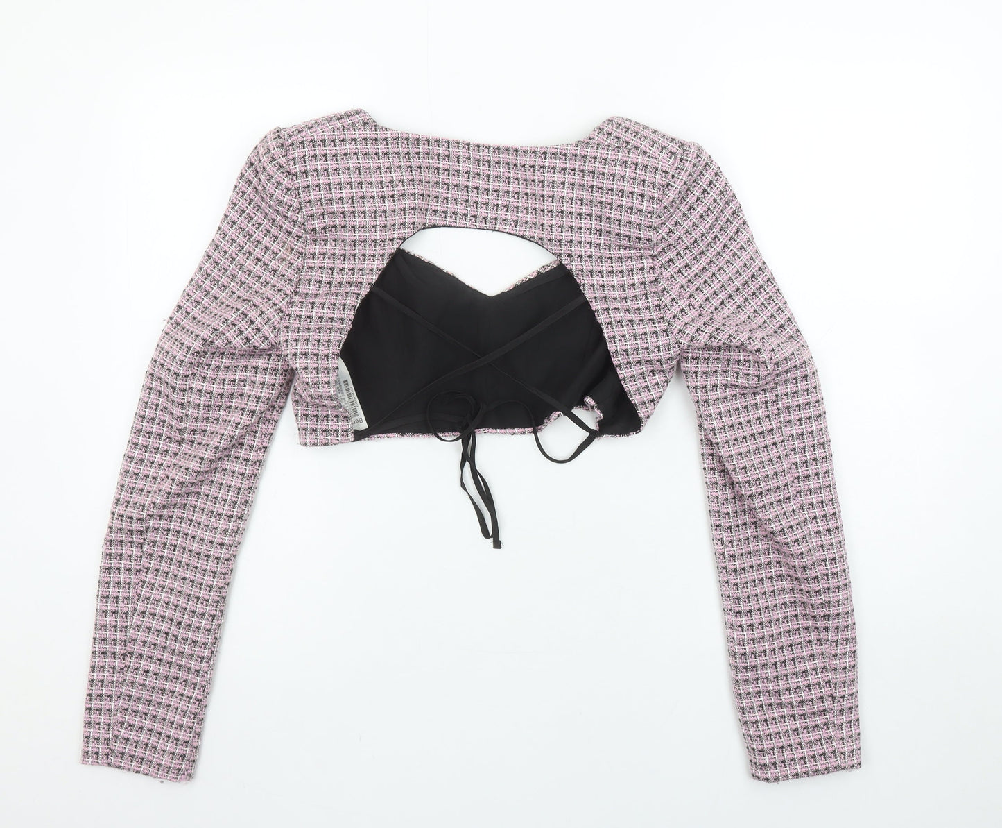 Bershka Womens Pink Check Cropped Beaded Blouse Size 8