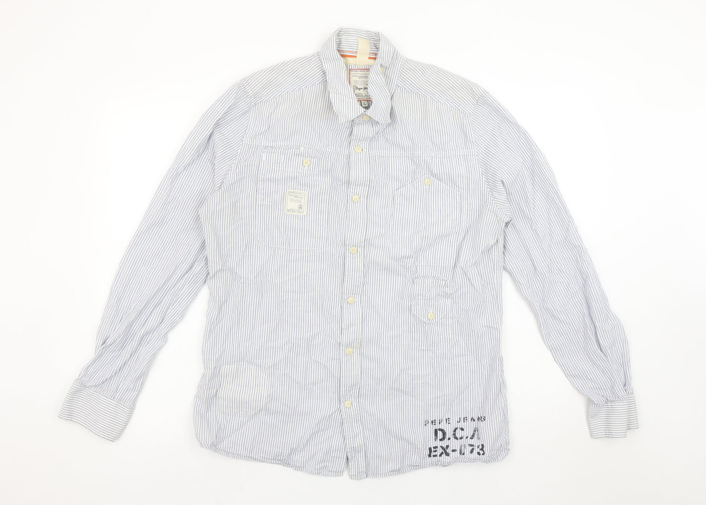 Pepe Jeans Men's Blue Striped Slim Fit Long Sleeve Button-Up Shirt L