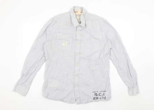 Pepe Jeans Men's Blue Striped Slim Fit Long Sleeve Button-Up Shirt L
