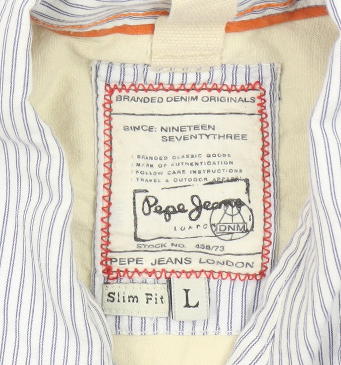 Pepe Jeans Men's Blue Striped Slim Fit Long Sleeve Button-Up Shirt L