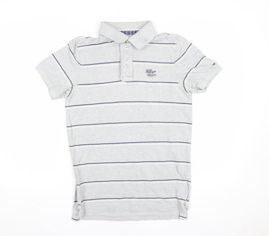 Hilfiger Denim Men's Grey Striped Cotton Polo Shirt Medium