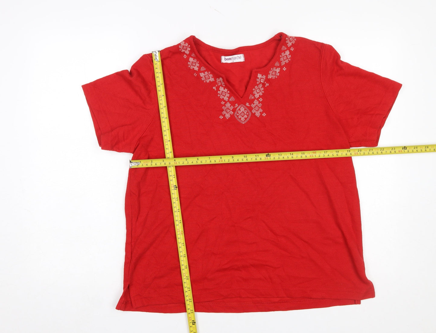 Bonmarché Women's Red Embroidered V-Neck Cotton T-Shirt Size M