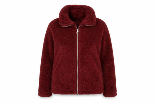 Front view of Only women’s burgundy faux fur fleece zip jacket xs