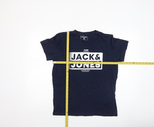 Jack & Jones Mens Blue Graphic Logo Crew Neck Cotton T-Shirt Size M