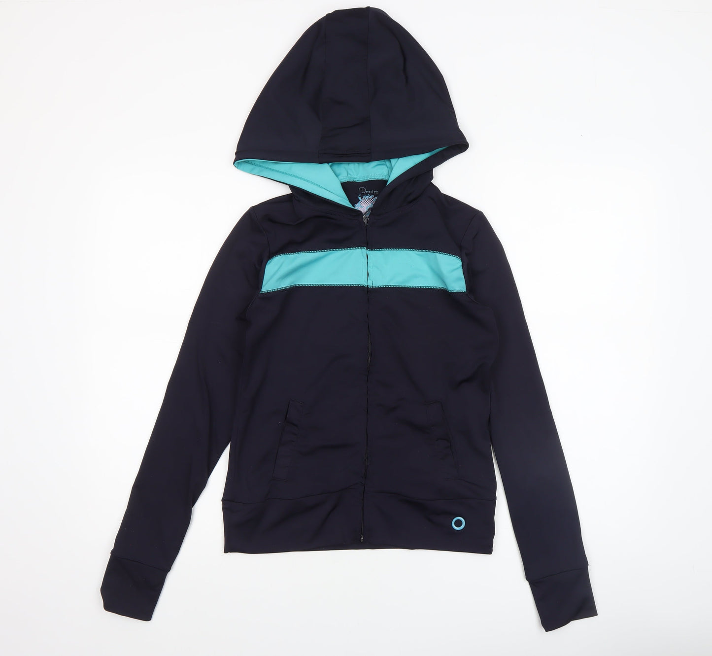 Denim Co Women Navy Blue & Aqua Full Zip Yoga Hoodie Size 8