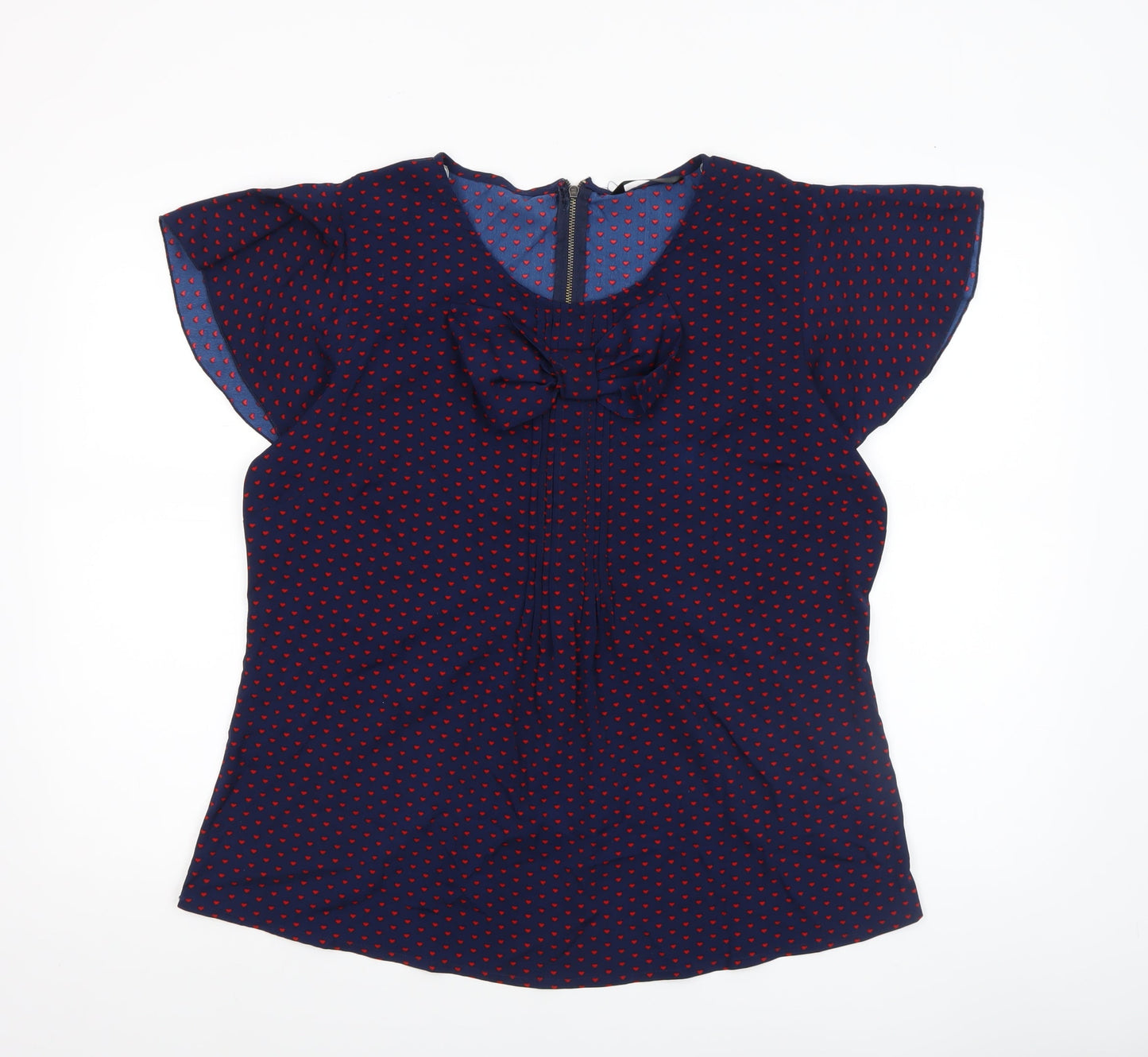 Dunnes Women’s Blue Heart Print Bow Blouse Size 10