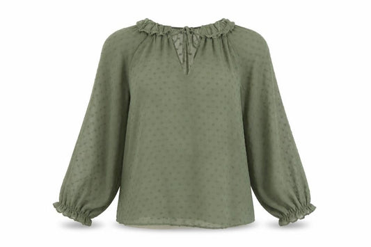 ZARA Women Green Ruffle Neck Long Sleeve Chiffon Tunic Blouse XS