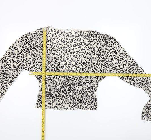 ZARA Women’s Leopard Print Long Sleeve Cropped Blouse L