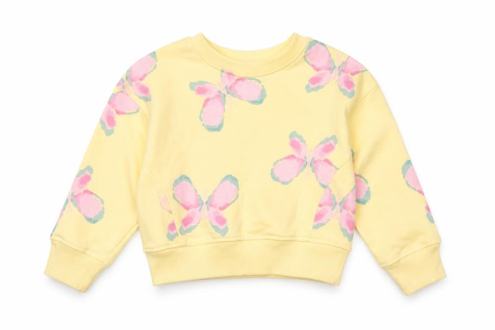 Front view of Primark girls’ yellow butterfly print long sleeve cotton sweatshirt 18-24 months