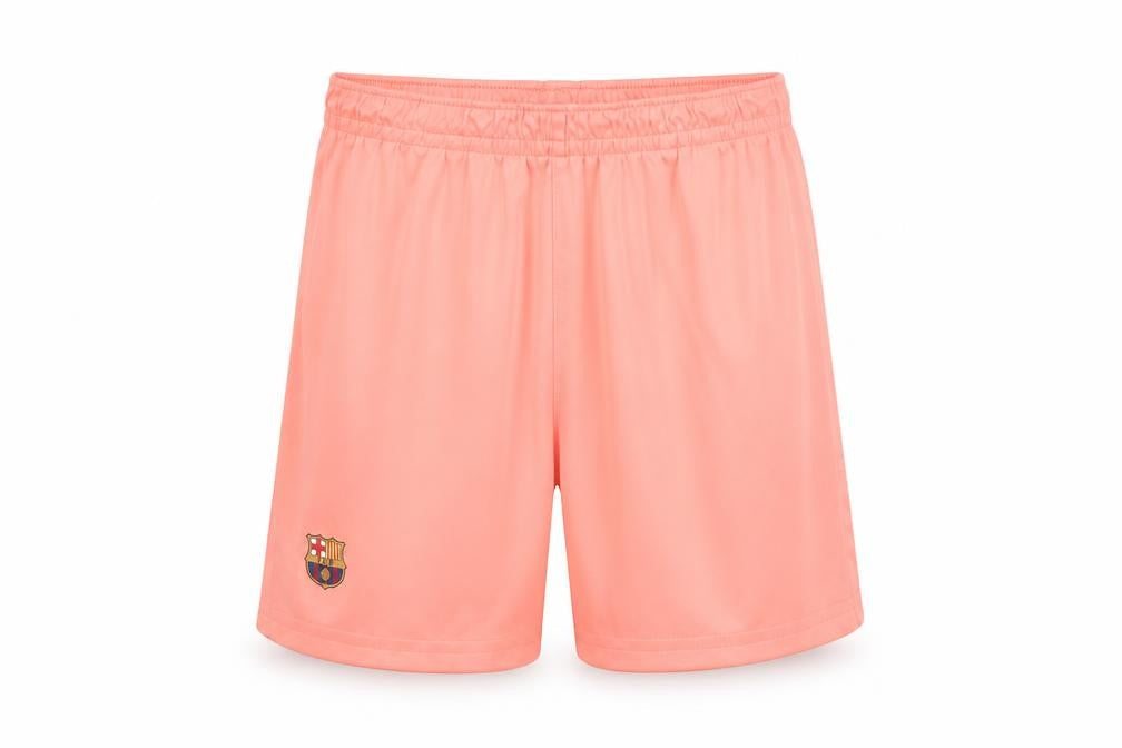 Front view of FC Barcelona boys’ pink athletic shorts, size 10, lightweight elastic waist