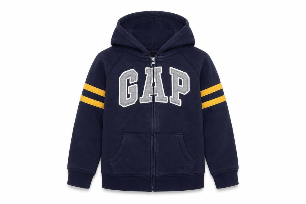 Front view of Gap boys’ blue full zip hoodie 6-7 years logo fleece sweatshirt