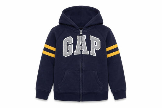 Front view of Gap boys’ blue full zip hoodie 6-7 years logo fleece sweatshirt