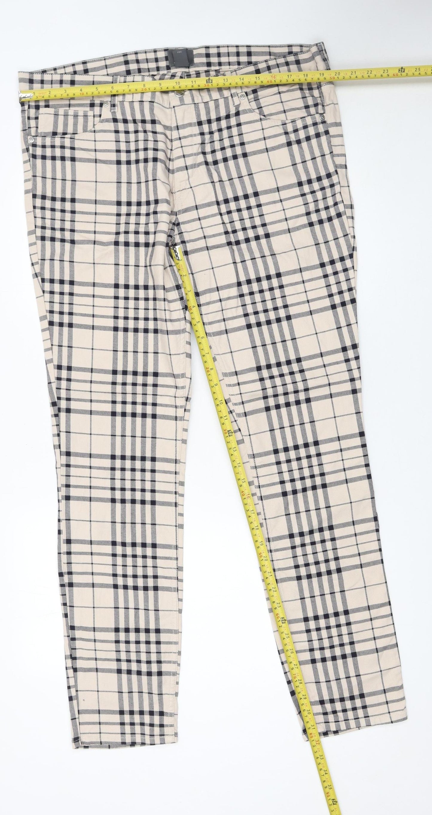 H&M Men's Beige Check Skinny Fit Cotton Trousers Size M