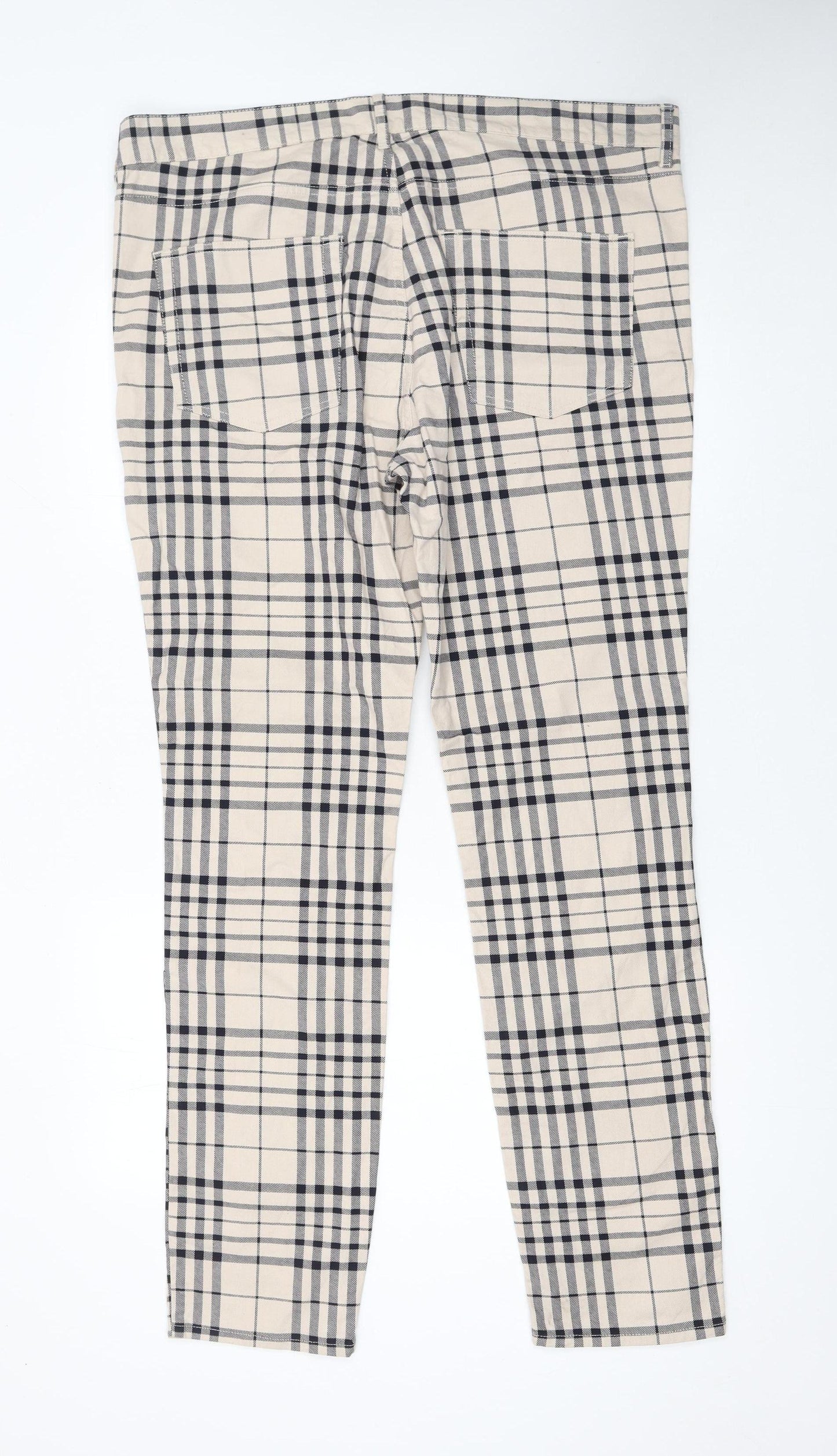 H&M Men's Beige Check Skinny Fit Cotton Trousers Size M