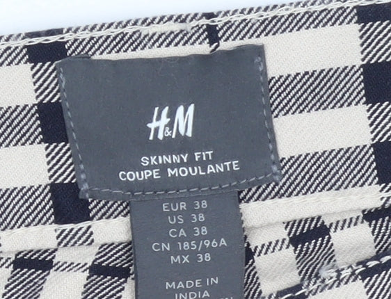 H&M Men's Beige Check Skinny Fit Cotton Trousers Size M