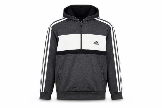 Front view of Adidas boys’ grey & white 1/4 zip hoodie sweatshirt 13-14 years