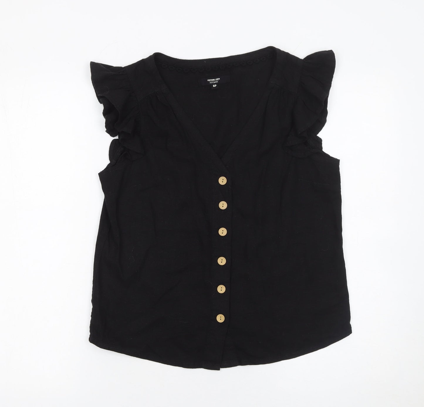 Next Petite Black Linen Blend Button Ruffle Sleeve Blouse Size 6