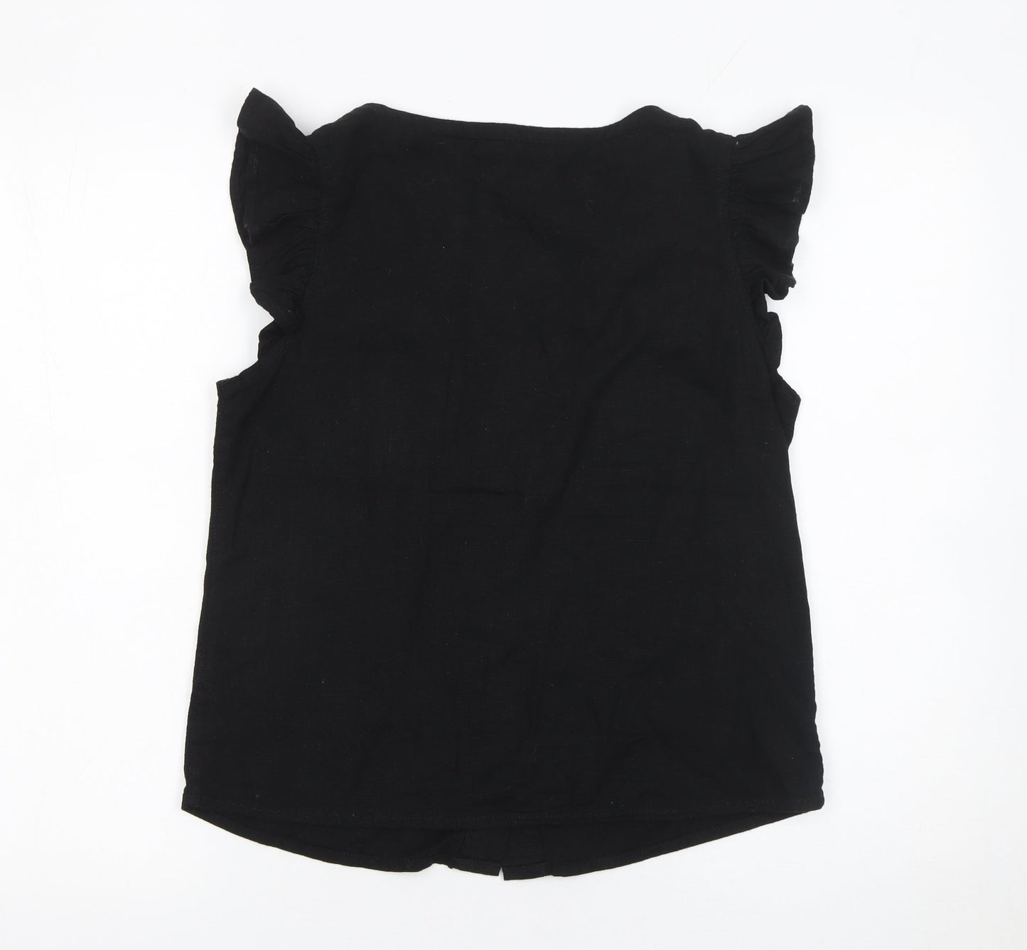 Next Petite Black Linen Blend Button Ruffle Sleeve Blouse Size 6