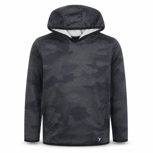 Front view of Old Navy boys’ black camouflage pullover active hoodie, size 8, years
