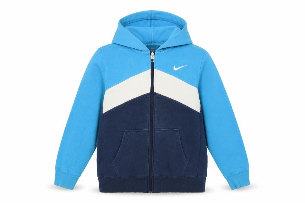Front view of Nike boys’ blue colourblock full zip hoodie 12-13 years