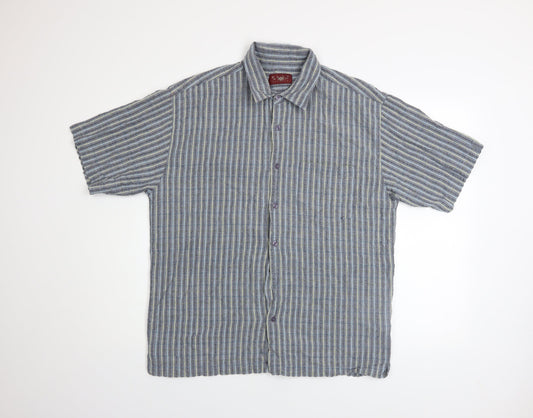 Olly & Co Men’s Blue Striped Cotton Short Sleeve Button-Up Shirt XL