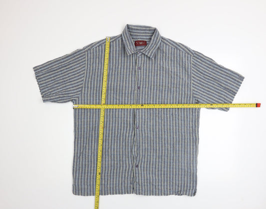 Olly & Co Men’s Blue Striped Cotton Short Sleeve Button-Up Shirt XL