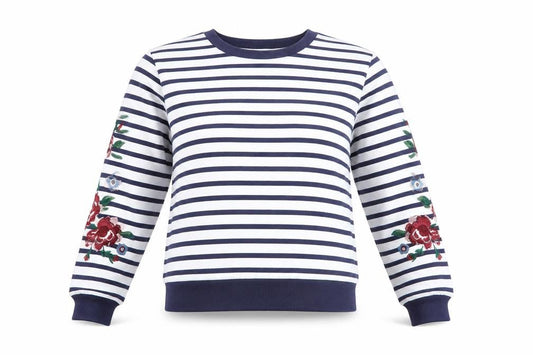 New Look Women's Navy Striped Embroidered Floral Pullover Sweatshirt UK 8