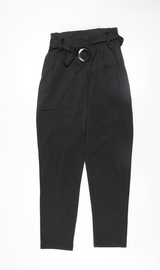 QED London Women's Black Paperbag Trousers UK 8 Belted High Waist