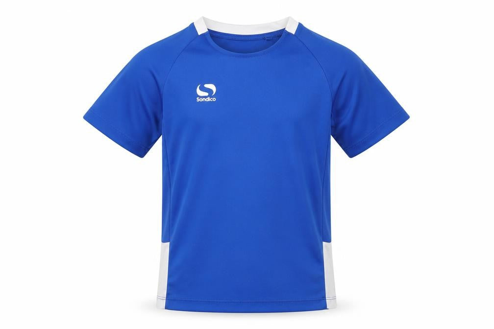 Front view of Sondico boys’ blue short sleeve sports t-shirt 5-6 years