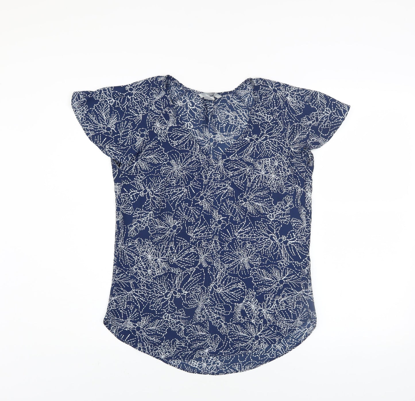 H&M Womens Navy Floral Short Sleeve Blouse Size 6 Polyester Top