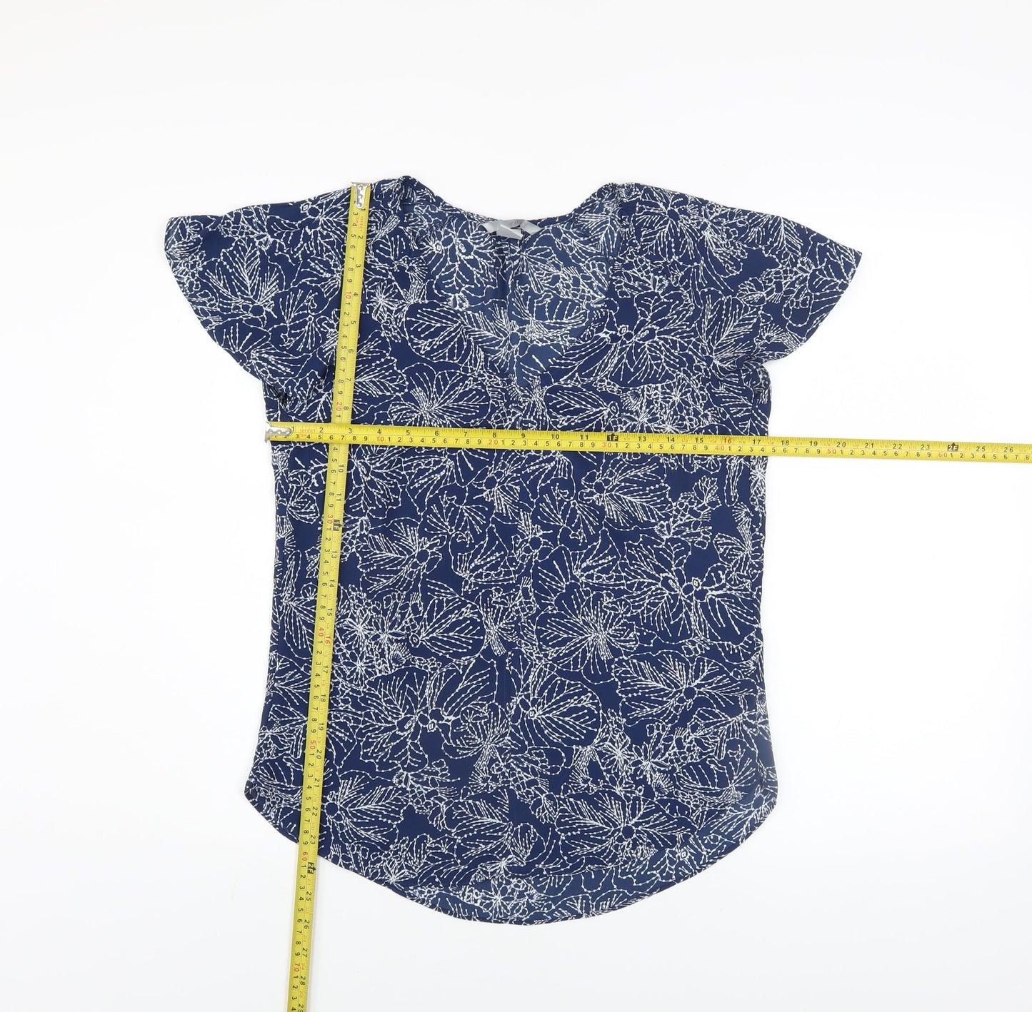 H&M Womens Navy Floral Short Sleeve Blouse Size 6 Polyester Top