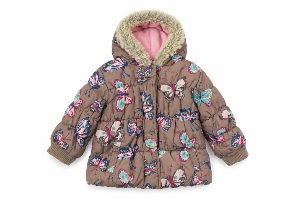 Front view of Next girls’ brown butterfly puffer coat hooded winter jacket 2 years