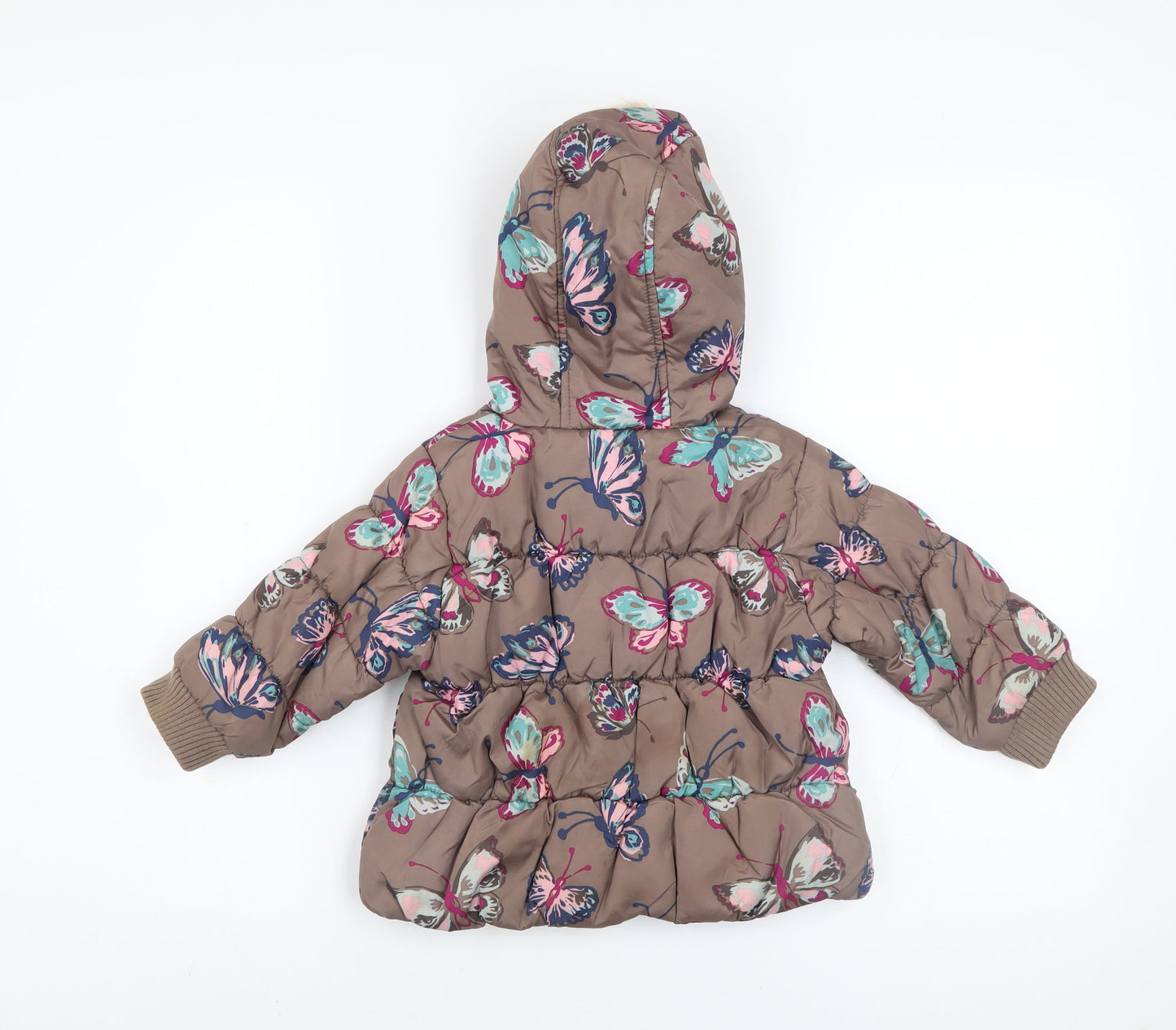 Next Girls Brown Butterfly Puffer Coat Hooded Winter Jacket 2 Years