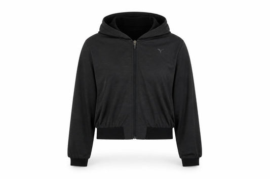 Front view of Puma women’s black, size UK 10, full zip hoodie with hooded design