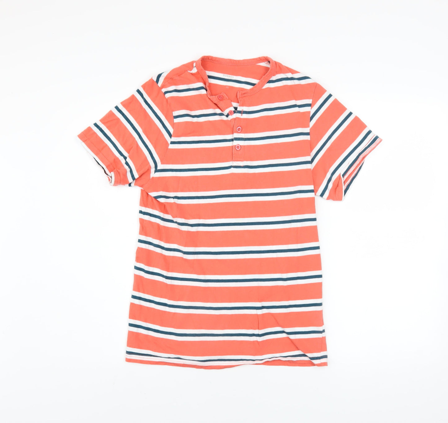 Dunnes Stores Mens Orange Striped Henley Short Sleeve Cotton Shirt XS
