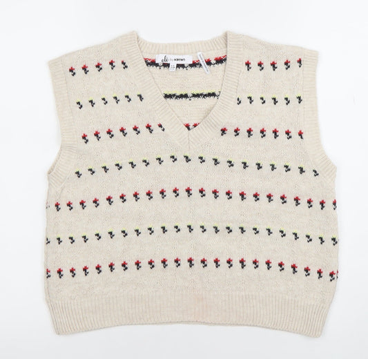 Koton Teens Beige Fair Isle Knit Sleeveless V-Neck Vest XS