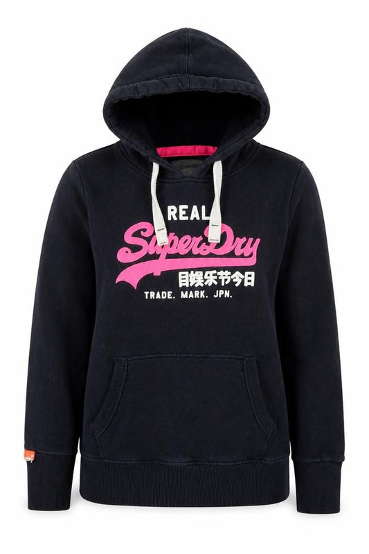 Superdry Womens Black Pullover Hoodie Large Cotton Blend Fleece Lined