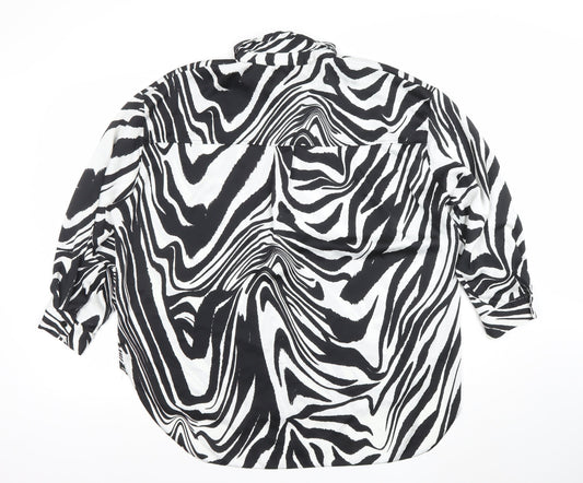 New Look Women Black White Animal Print Long Sleeve Button-Up Shirt UK 14