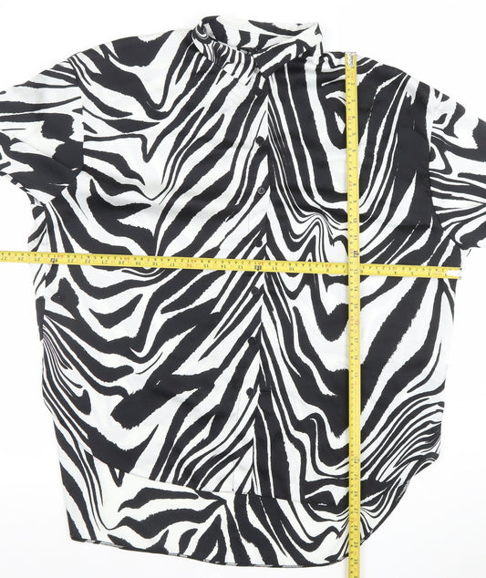 New Look Women Black White Animal Print Long Sleeve Button-Up Shirt UK 14