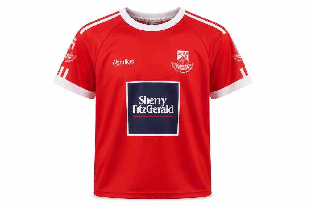 Front view of O'Reillys boys’ red 7-8 years football jersey t-shirt